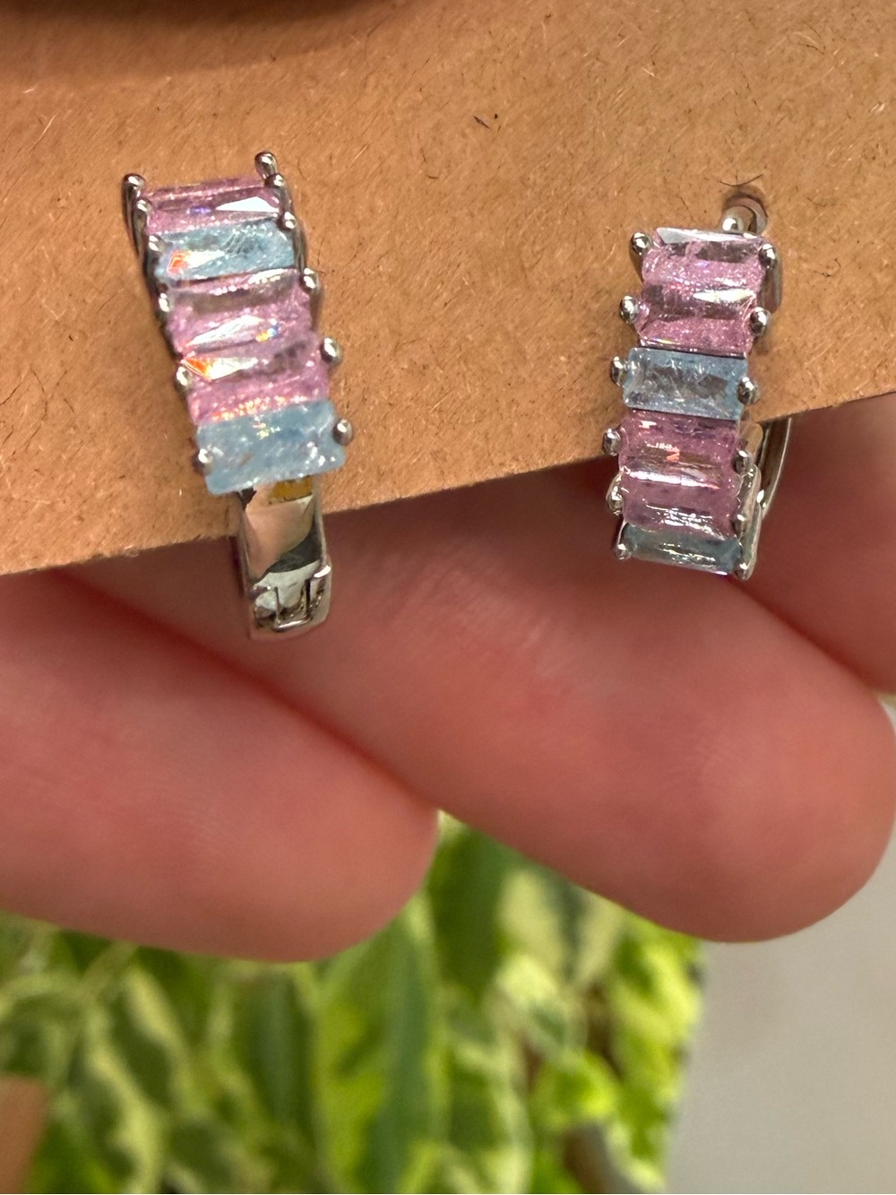 18k GP Hoop Earrings with Pink and Light Blue Baguette Stones